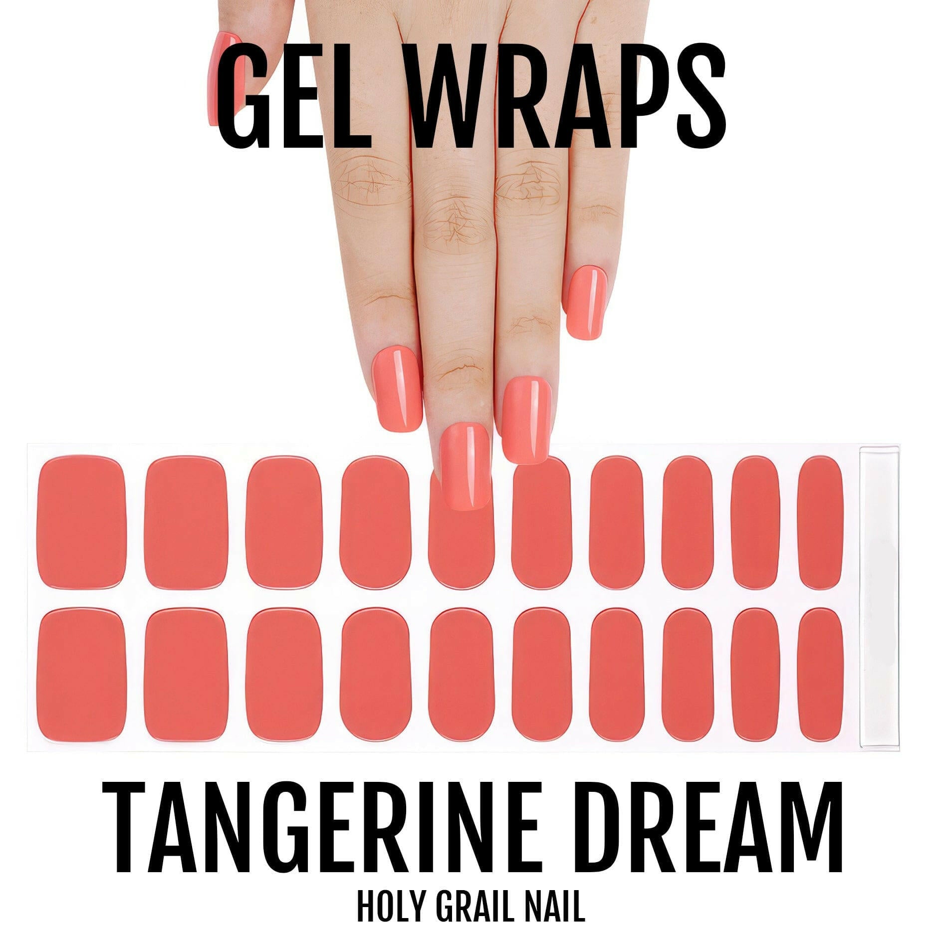 Coral orange gel nail wraps sheet with hand model showing tangerine nail art