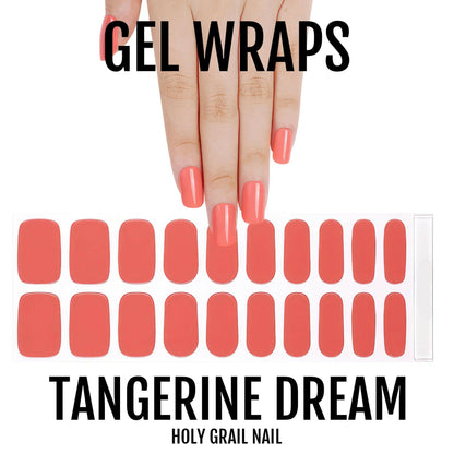 Coral orange gel nail wraps sheet with hand model showing tangerine nail art