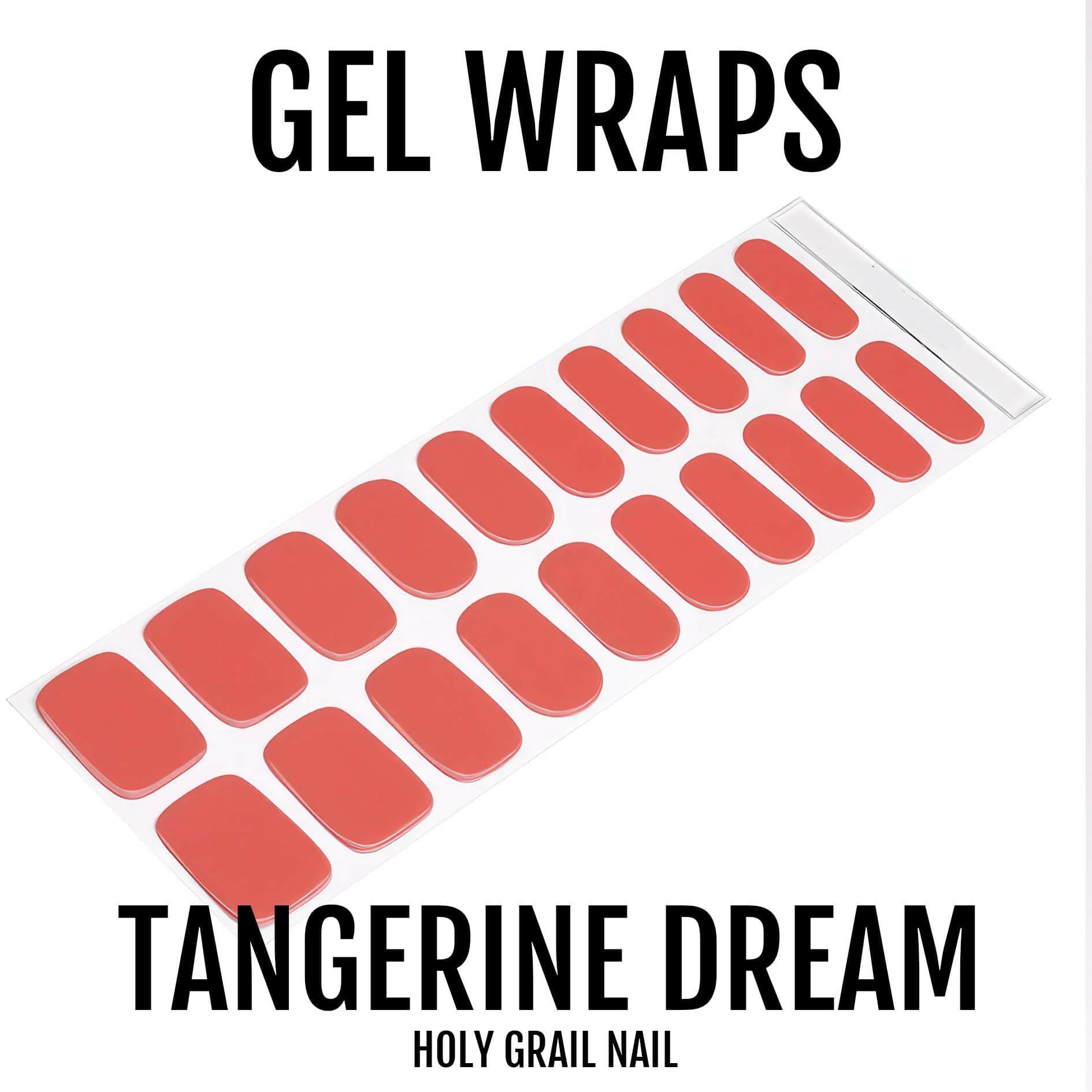 Coral orange gel nail wraps sheet displaying 20 glossy tangerine nail stickers