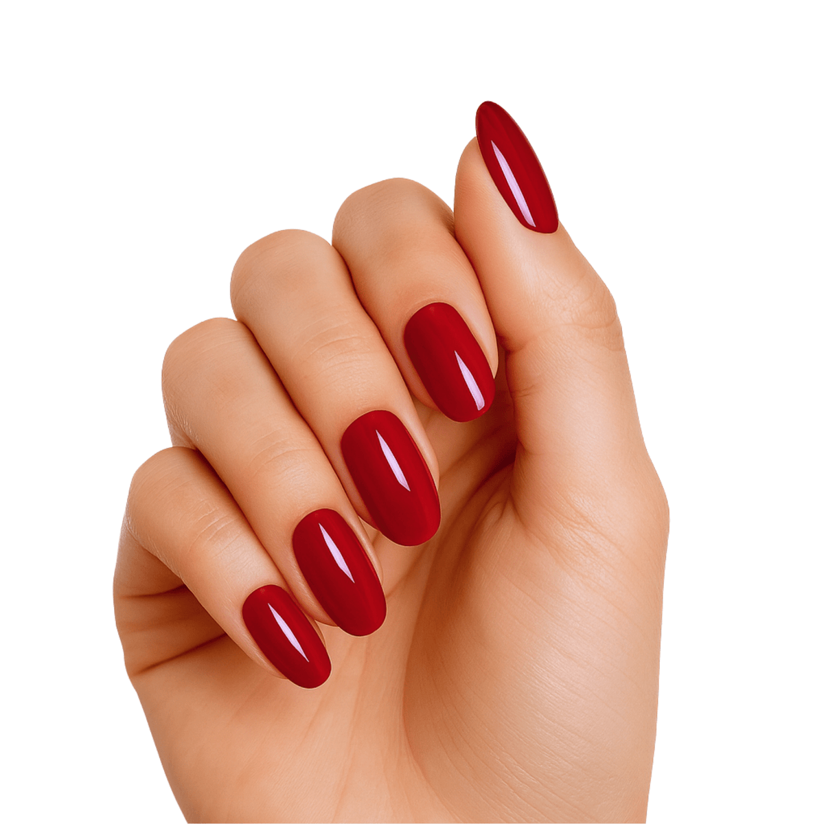 Deep red glossy gel nail wraps on hand showing crimson manicure finish