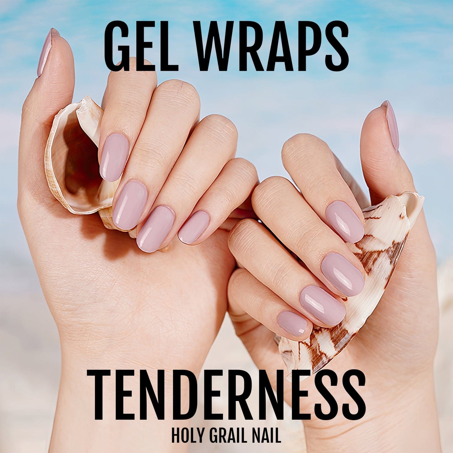 Mauve gel nail wraps on hands creating elegant dusty pink at-home manicure