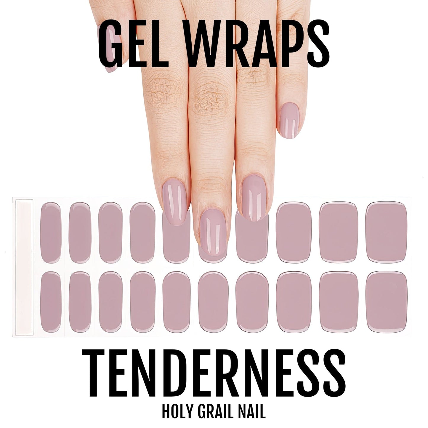 Mauve gel nail wraps on hand showing sophisticated dusty pink at-home manicure