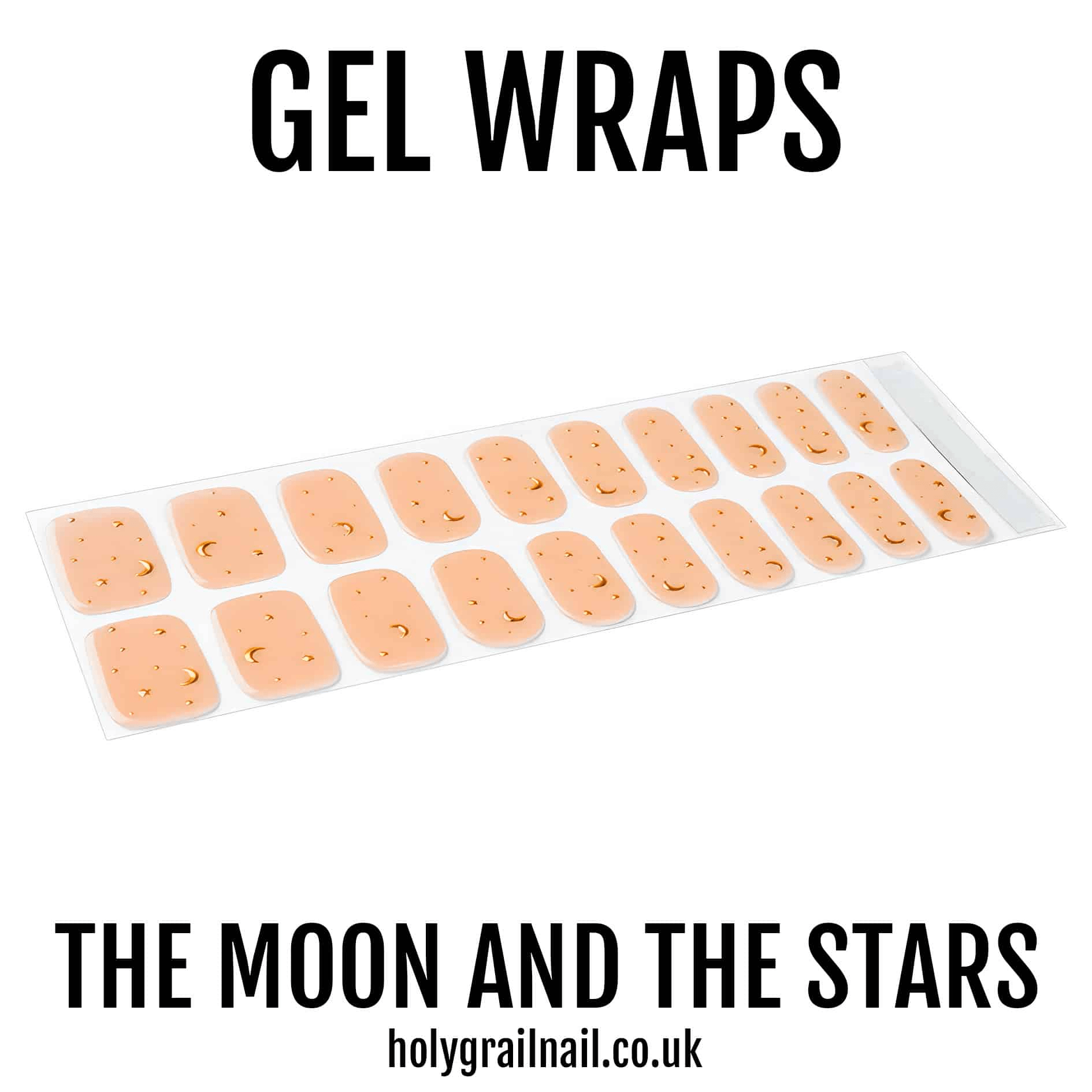 Full sheet of peachy nude gel nail wraps featuring gold moon and star nail art