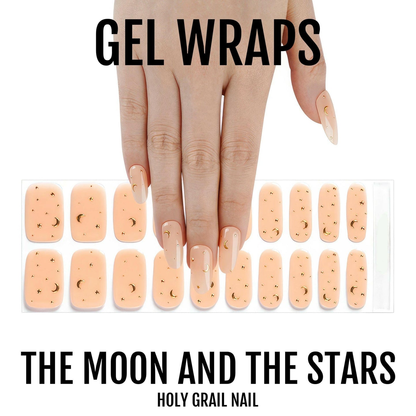 Semi-cured gel nail wrap sheets in peachy nude with metallic gold moon star patterns