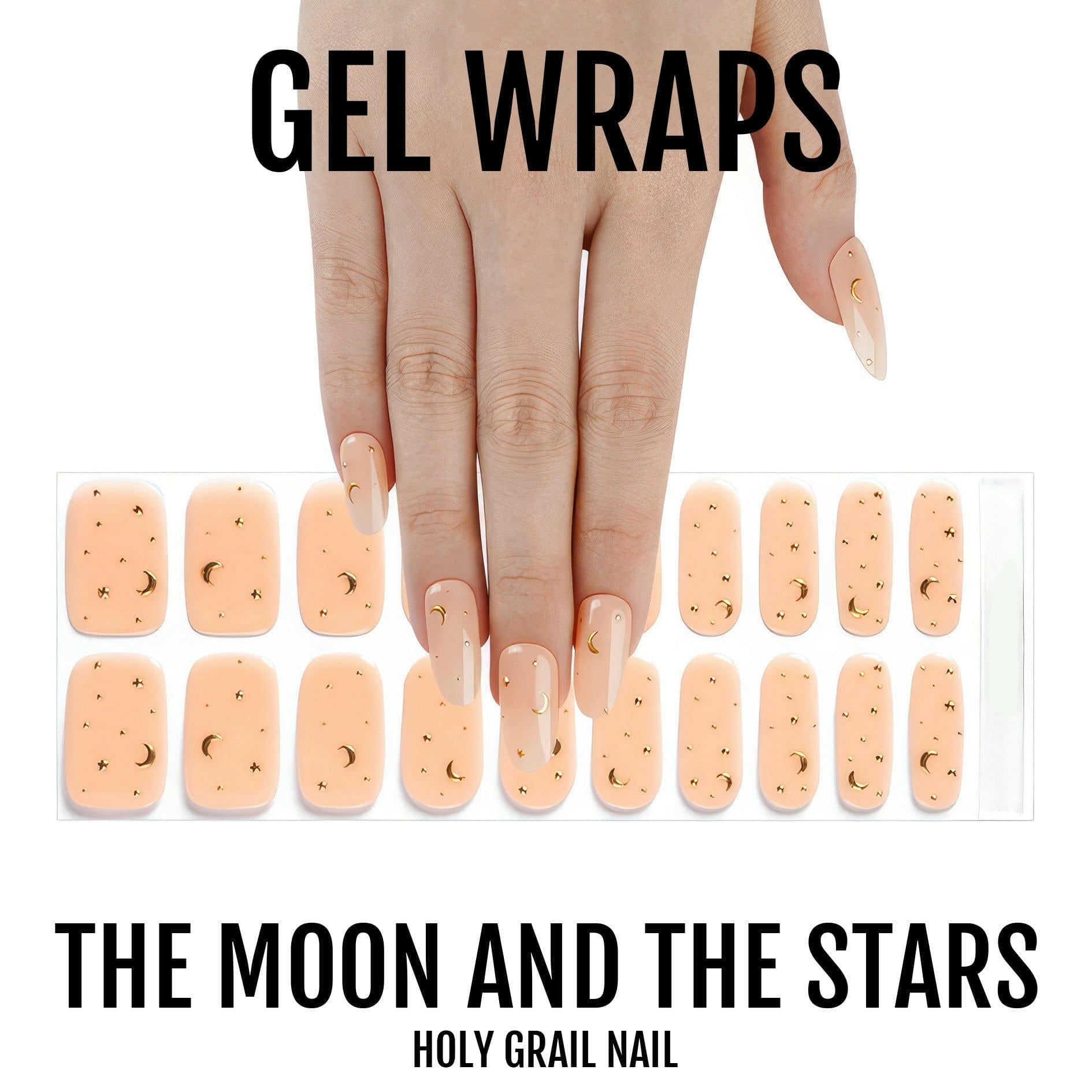 Semi-cured gel nail wrap sheets in peachy nude with metallic gold moon star patterns