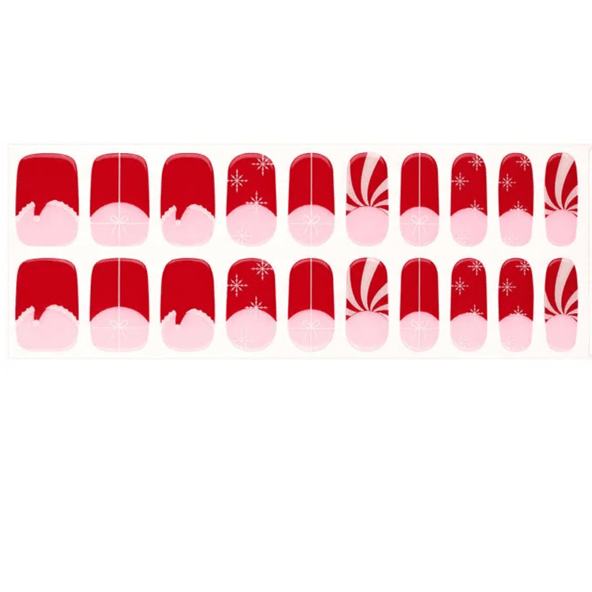 Christmas gel nail wraps set showing red French tip and white snowflake patterns