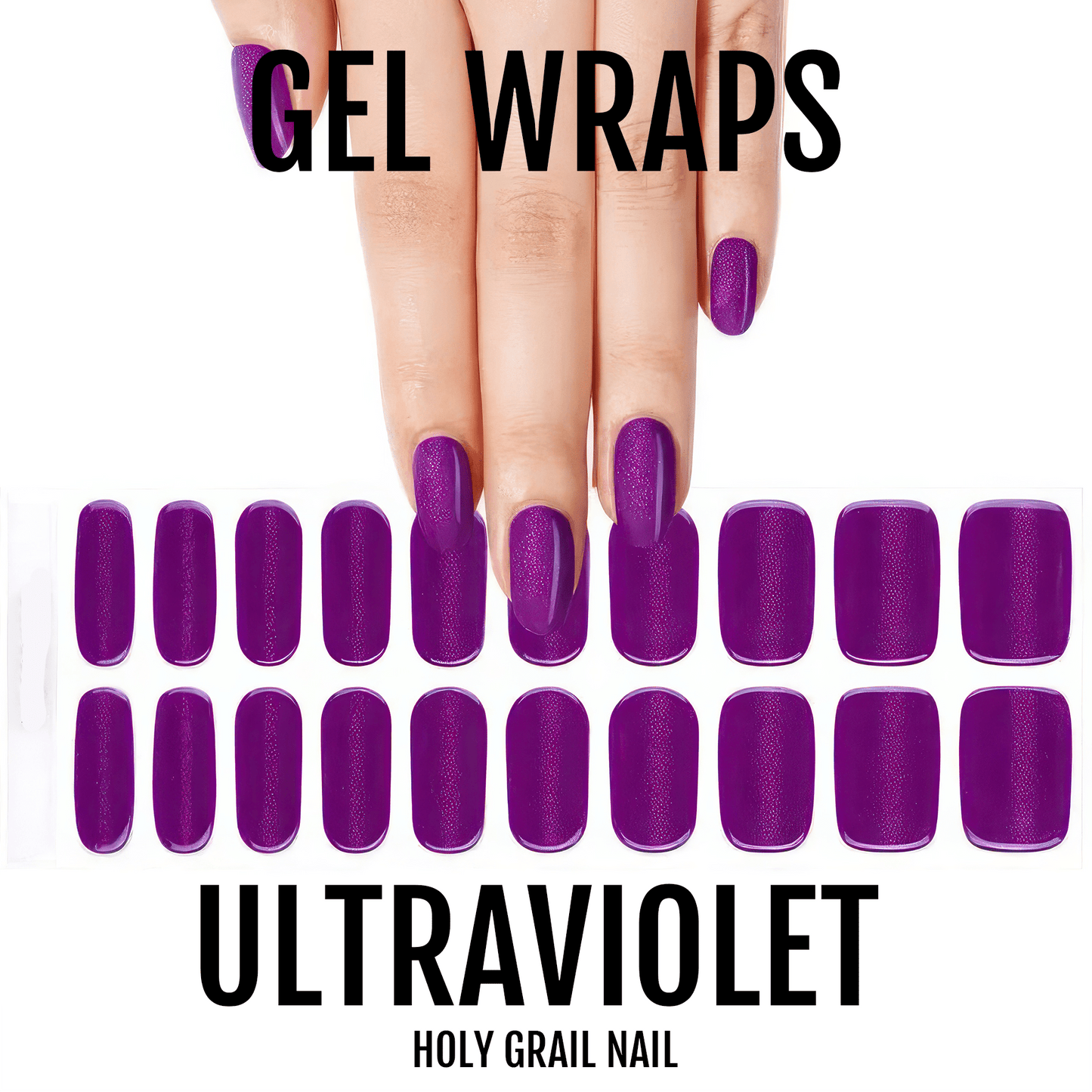 Purple metallic gel nail wraps on hand with individual wrap sheets showing ultraviolet finish