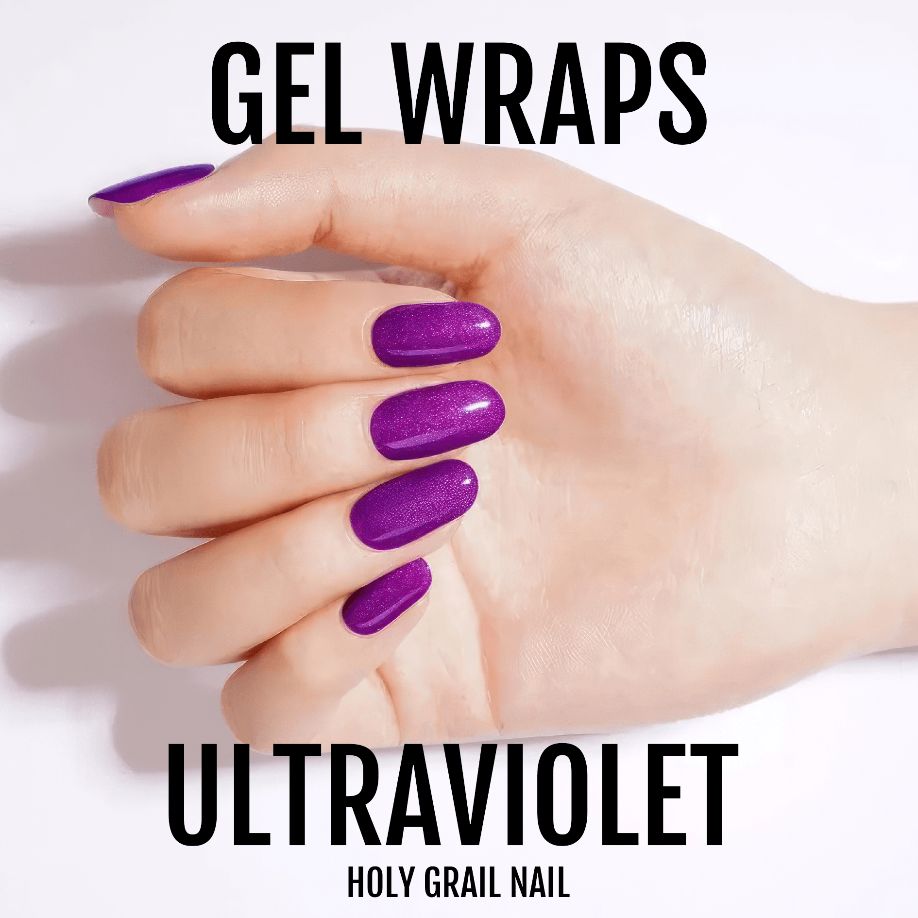 Hand displaying purple metallic gel nail wraps with glossy ultraviolet finish