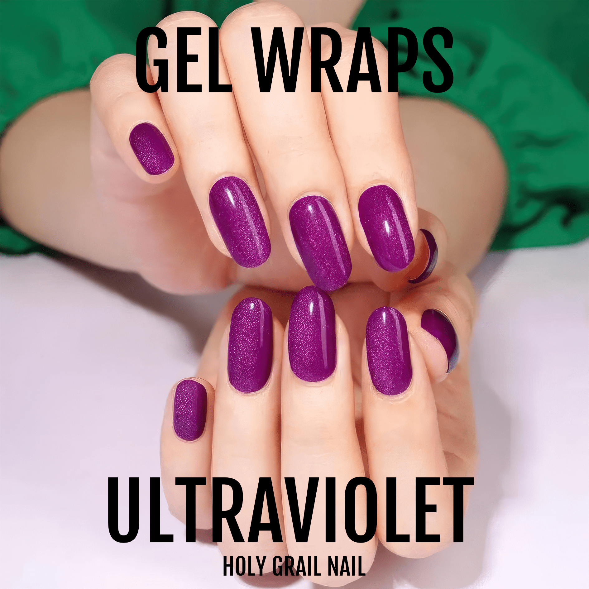 Both hands showing purple glossy gel nail wraps ultraviolet manicure design