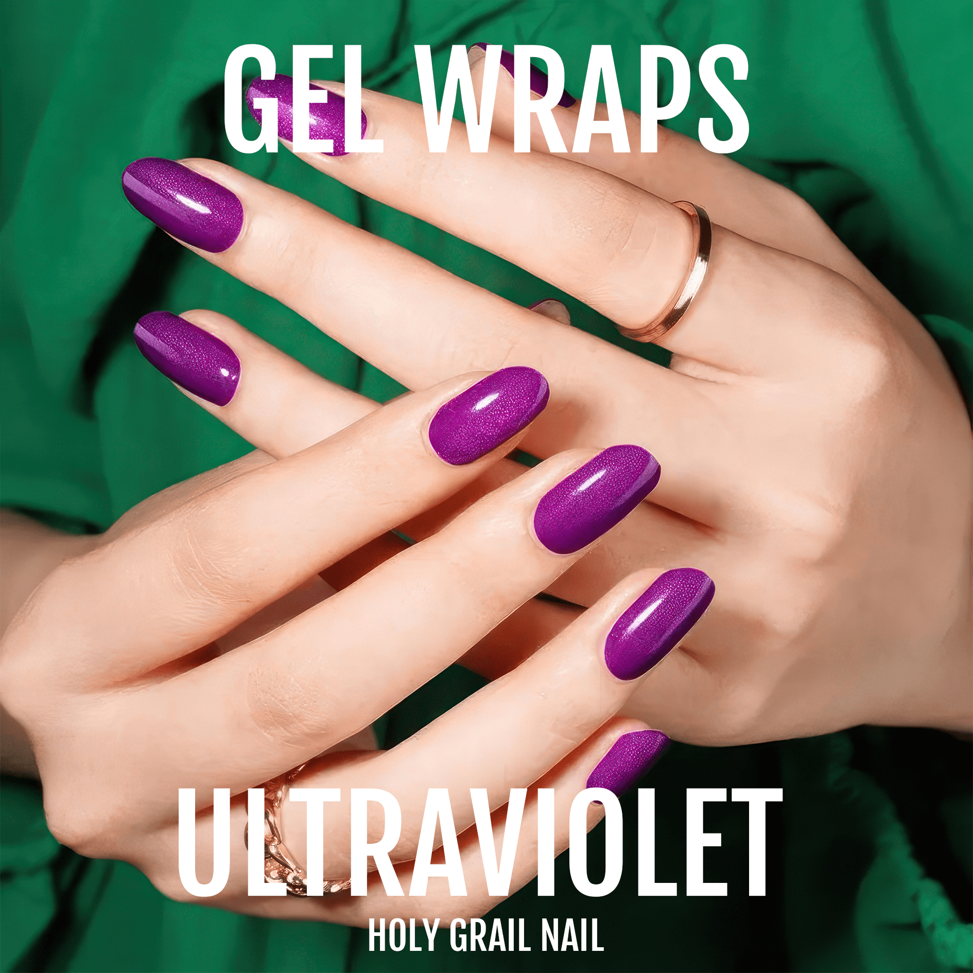 Hands displaying purple gel nail wraps with shimmery metallic ultraviolet finish