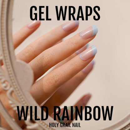 Pastel rainbow French tip gel nail wraps promotional image with colourful gradient design