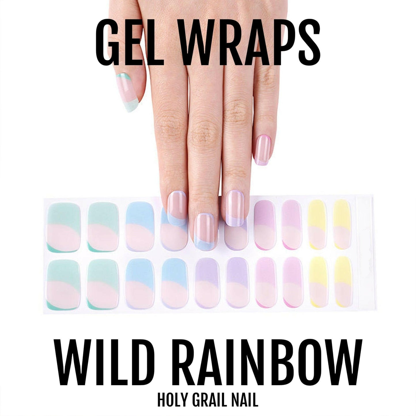 Hand and gel nail wrap sheet showing pastel rainbow French tip manicure designs