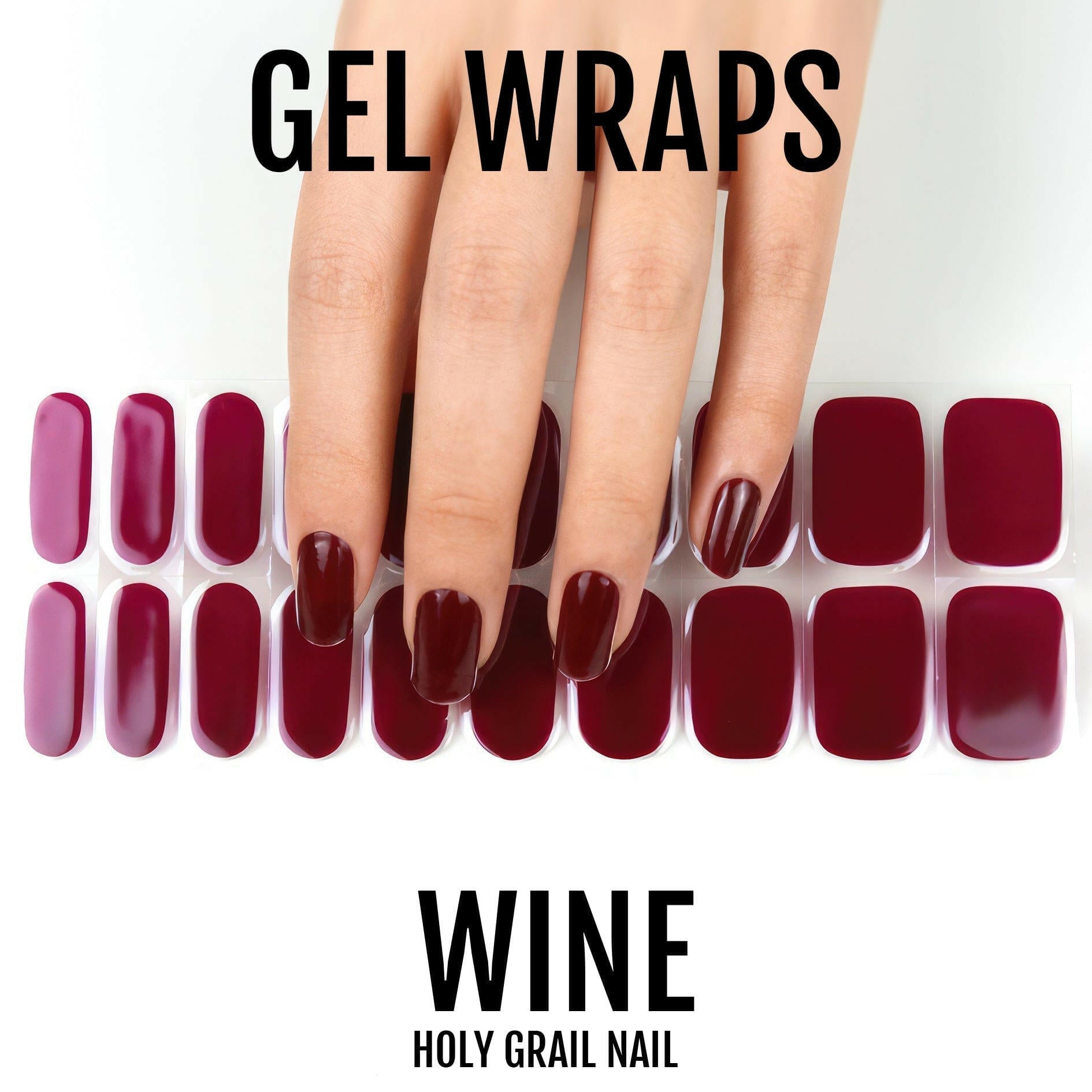 Wine gel nail wrap swatches showing burgundy red colour variations for at-home manicure