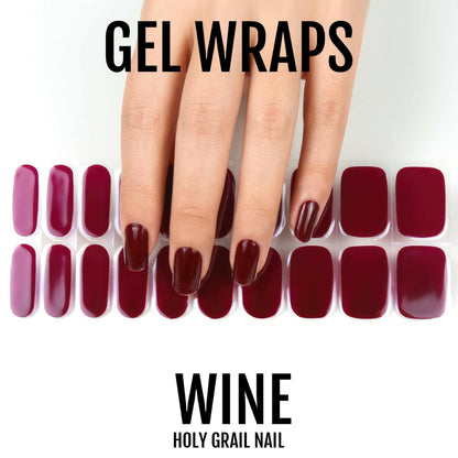 Wine gel nail wrap swatches showing burgundy red colour variations for at-home manicure