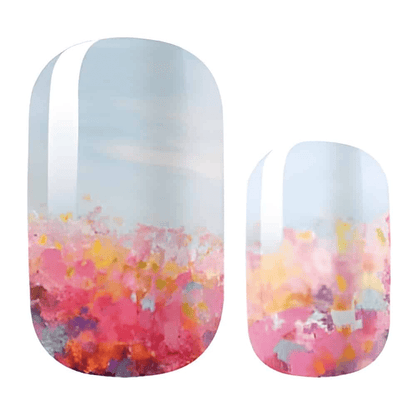Blue and coral watercolour gradient nail wraps with abstract floral pattern